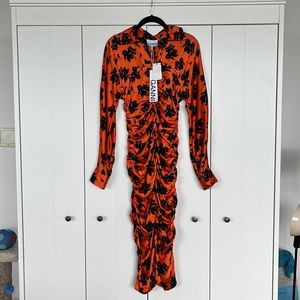 GANNI
Ruched floral-print silk-blend satin midi shirt dress